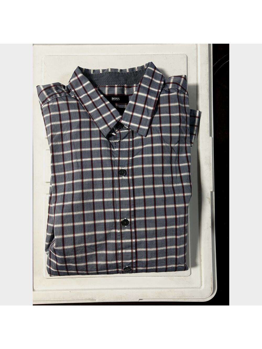 BOSS Slim Fit Long Sleeve Button Down Casual Blue/Red Plaid Dress Shirt XL